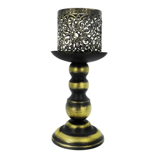 9.5" Gold-Brushed Black Filigree Metal Tealight Candle Holder by Ashland®